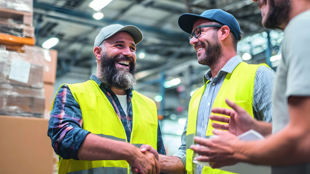 Drei Männer mit gelben Sicherheitswesten und Mützen lächeln und schütteln sich die Hände in einem Lagerhaus, das von Kisten und Industrieregalen umgeben ist und ein positives und freundliches Arbeitsumfeld zeigt.